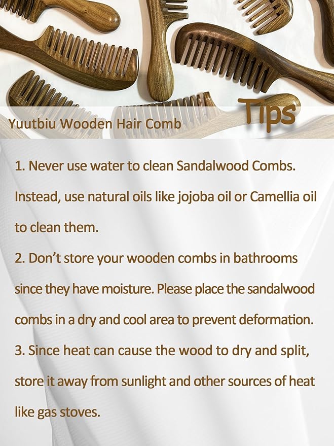 Yuutbiu Green Sandalwood Wide Tooth Hair Comb with Handle - Detangling Brush for Curly/Coily Hair, Split Ends Repair & Gentle Scalp Care (Anti-Static Wooden Design)