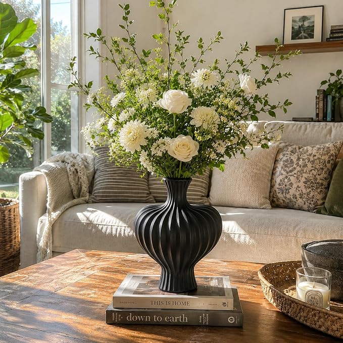 Ceramic Flower Vase Home Decor,11" Rustic Vintage Clay Black Heart Terracotta Vases Farmhouse Table Vases Living Room Decor Pottery Pots for Home Shelf Coffee Dining Desk Fireplace