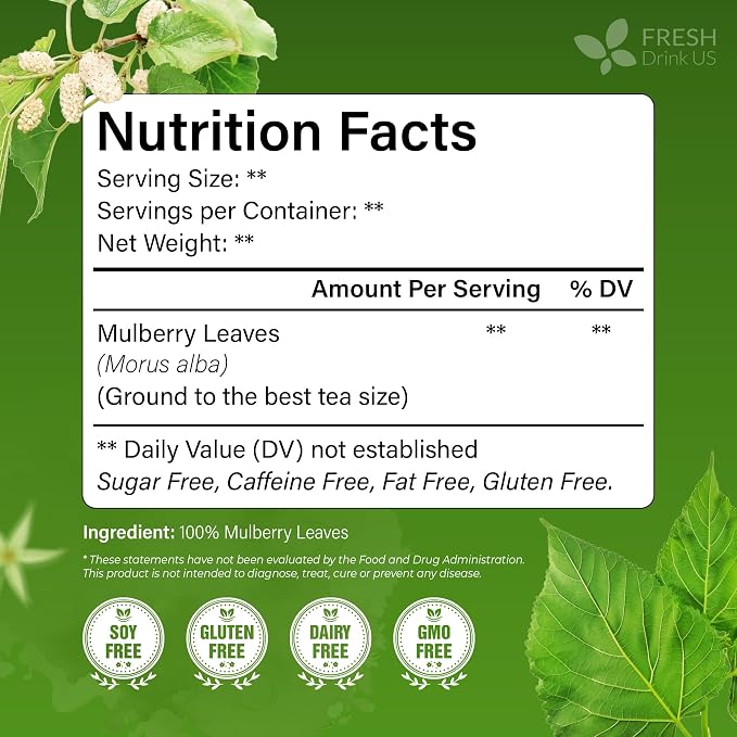 FreshDrinkUS, Premium 50 Mulberry Leaf Tea Bags, 100% Natural & Pure from Mulberry Leaves. Herbal Tea. Made with Natural Material Tea Bags. No Sugar, No Caffeine, No Gluten, Vegan.