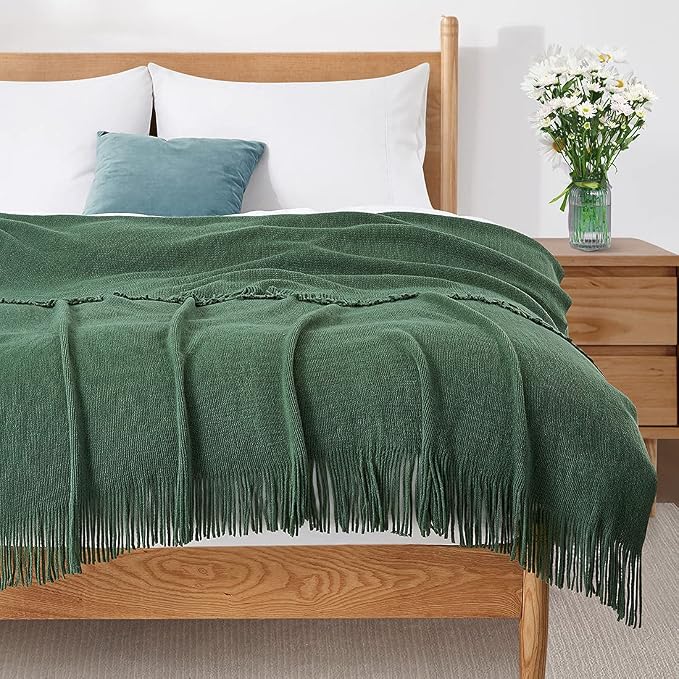 Homiest Dark Green Knitted Throw Blanket with Fringe, 50x60 Inch | Pure Acrylic, Lightweight & Breathable, All-Season Use, Machine Washable, Wrinkle & Fade Resistant, for Couch Sofa And Bed
