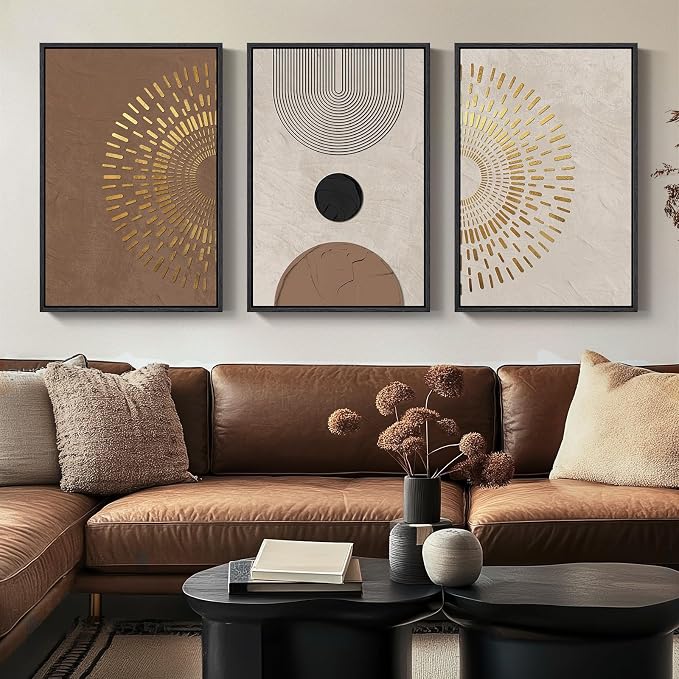 Boho Neutral Abstract Wall Art, 3 Piece, Brown Beige and Gold, 20x30 In | Large framed pictures, Modern canvas prints, Minimalist geometric paintings, Wall decor for living room bedroom hallway