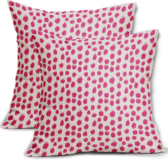 Hot Pink Cream Polka Dot Pillow Covers 22x22 Set of 2 Outdoor Modern Art Throw Pillows Boho Design Brush Strokes Decorative Pillowcase Square Cushion Cover Linen Pillow Case for Home Sofa Couch Bed