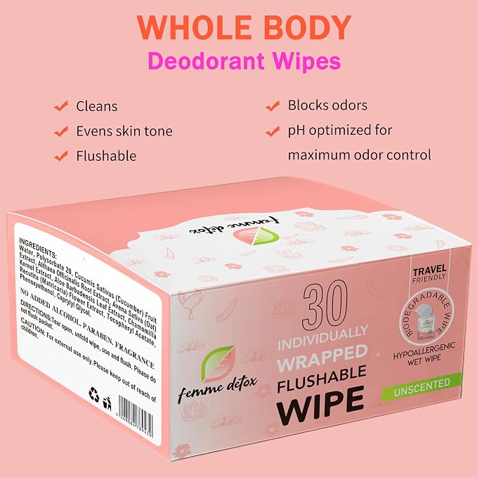 Flushable Feminine Wipes pH-Balanced & Unscented for Sensitive Skin | Individually Wrapped, Septic-Safe, Aloe-Infused | Travel & Home Use (90 Count)