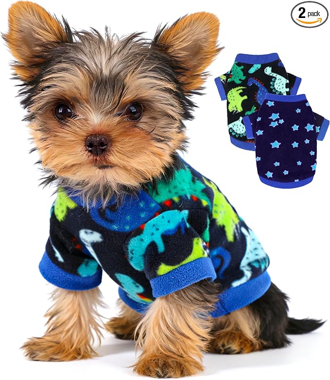 2 Pieces Dog Sweaters for Small Dogs Fleece Dog Clothes Soft Warm Puppy Sweater Doggie Coat for Winter Pet Cloting for Teacup Chihuahua Yorkie (Stars, Dinosaurs, XSmall)