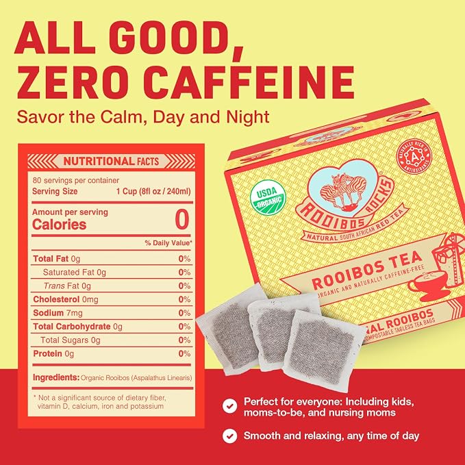 Caffeine Free Organic Rooibos Tea Bags 80 - Naturally Sweet Herbal Tea Safe for Kids & Pregnant Women – Low Tannin Premium South African Tea Red Tea - Sustainably & Ethically Farmed Red Rooibos Tea
