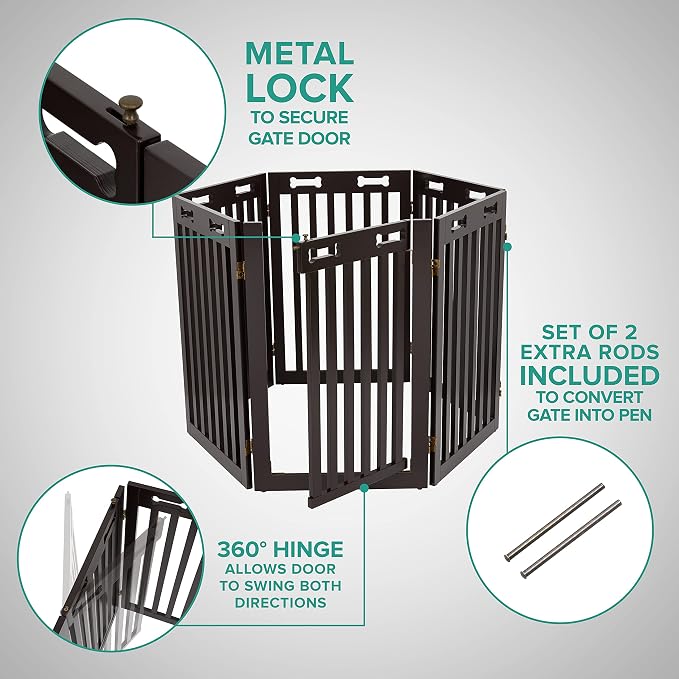 Arf Pets Freestanding Dog Gate with Door, 6 Panel 360° configurable Wooden Fence, 120" Wide, 31.5" Tall, Foldable, Four Support Feet Included, for The House - Indoor Use