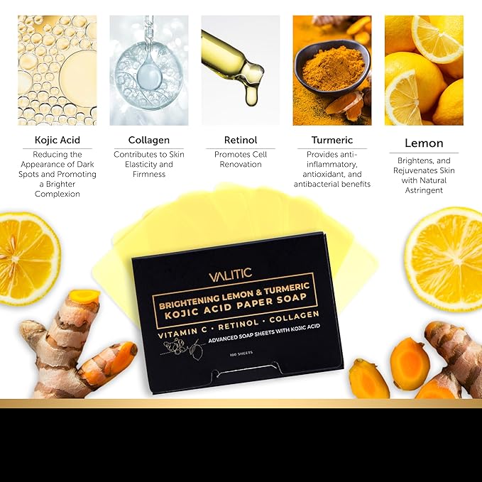 VALITIC Brightening Lemon Turmeric Kojic Acid Paper Soap - Vitamin C, Retinol, Collagen - Original Japanese Complex - Hyaluronic Acid, Vitamin E, Shea Butter, Castile Olive Oil - 2 Pack