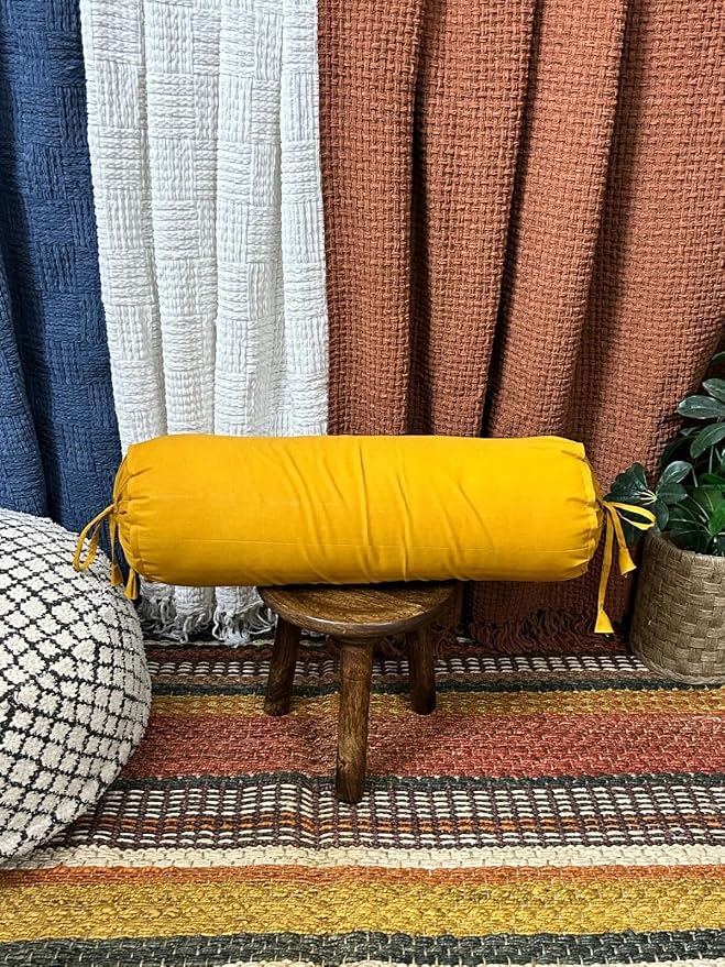 Round Pillow Cover Cervical Neck Roll Cotton Bolster Pillowcase for Cylindrical Cushion and Drawstring Closure Round Neck Pillowcase 6" x 18" (15 x 45 cm) Mustard
