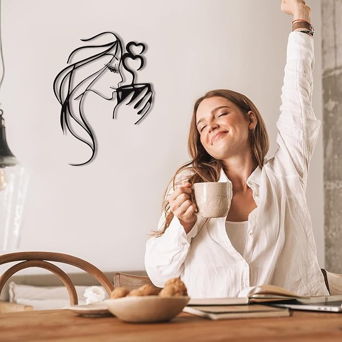 Coffee Metal Wall Art, 3D Woman Drinking Sculpture for Kitchen Decor, Black | Charming 3D black metal sculpture of a woman sipping coffee, perfect coffee-themed accent for kitchens or breakfast nooks
