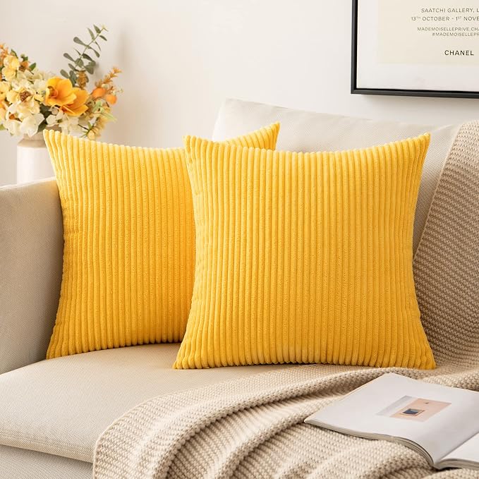 MIULEE Fall Soft Corduroy Throw Pillow Covers Set of 2 18x18 Golden Yellow | Decorative Striped Textured Cushion Cases, Boho Energetic Vibe Pillowcases, Home Decor for Couch Chair Sofa Bed Living Room