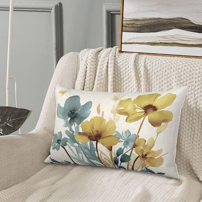 Spring Floral Pillow Covers 12x20 Inch Set of 2 Blue Yellow Floral Throw Pillow Cover Outdoor Modern Summer Flower Decoration Pillowcase Farmhouse Decorative Linen Cushion Cover For Sofa Couch
