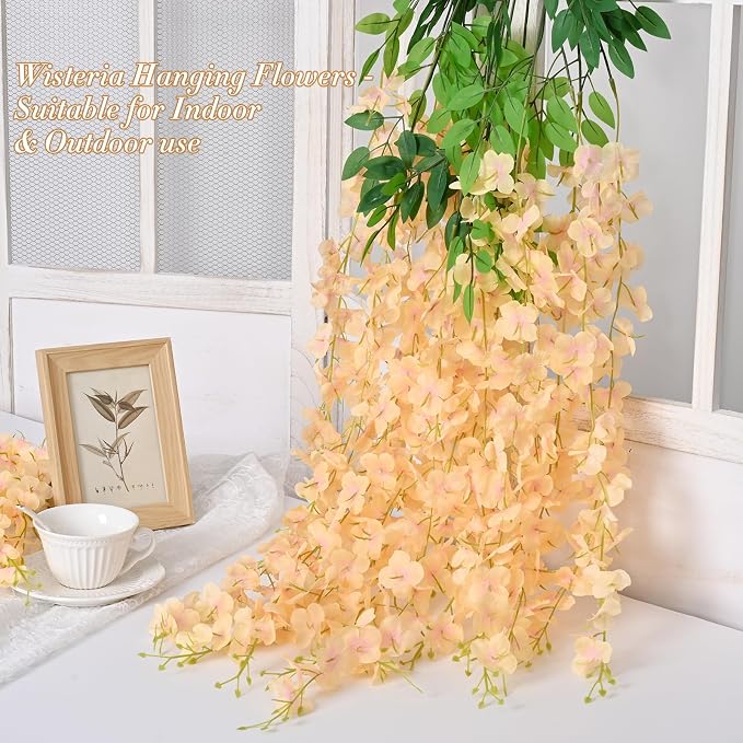 24 Pack Wisteria Hanging Flowers, 3.6 Feet Champagne Wisteria Artificial Flowers, Artificial Fake Flower Garland, Hanging Vines for Bedroom Wedding Home Party Wall Decor (Champagne, 24pcs)