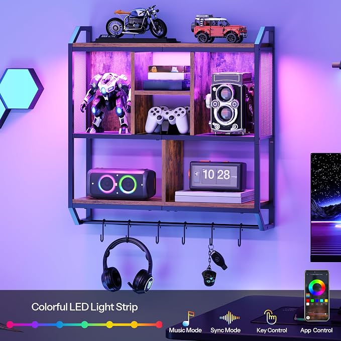 HOOBRO Gaming Floating Shelf with LED Lights, 28.7" LED Wall Mounted Shelf, 3-Tier Display Rack for Wall Storage, Floating Rack with Hanging Rod and 6 S-Hooks, Rustic Brown and Black BF70DBJ01