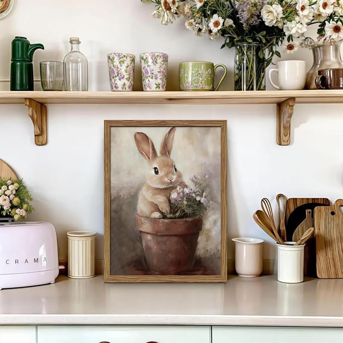 Framed Vintage Easter Wall Art, Cute Rabbit in Flower Pot Picture Prints, Cottage Farmhouse Bunny Canvas Artwork, Holiday Wall Decor for Kids Room Girls Bedroom Living Room 12x16 inch