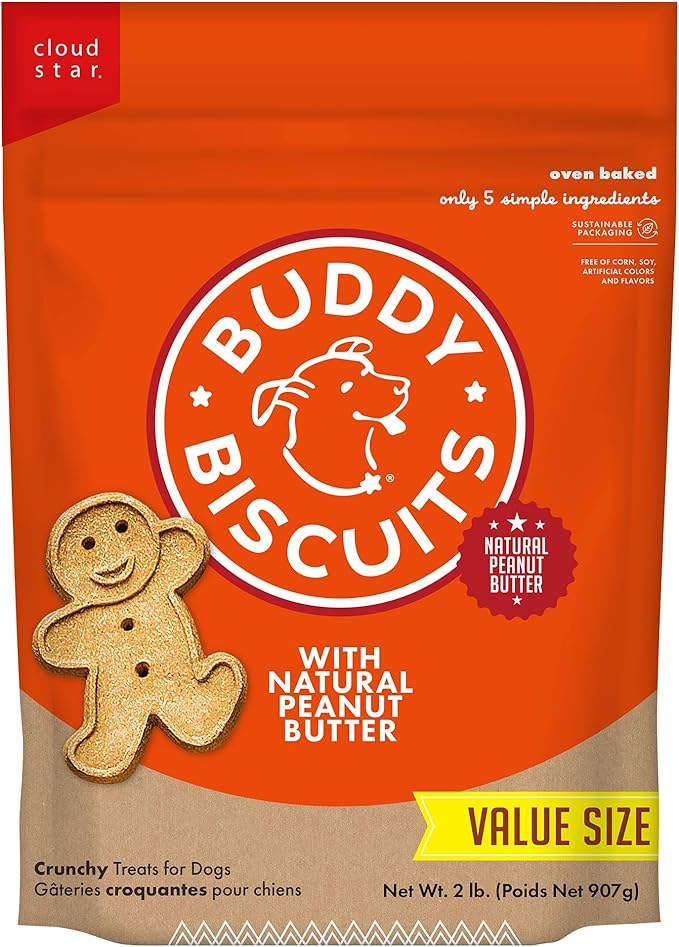 Buddy Biscuits Crunchy Dog Treats, Peanut Butter, 2lbs. Bag | Made with Simple Ingredients, Free of Corn, Soy, And Artificial Flavors, Oven Baked in the USA, Gingerkid Shape