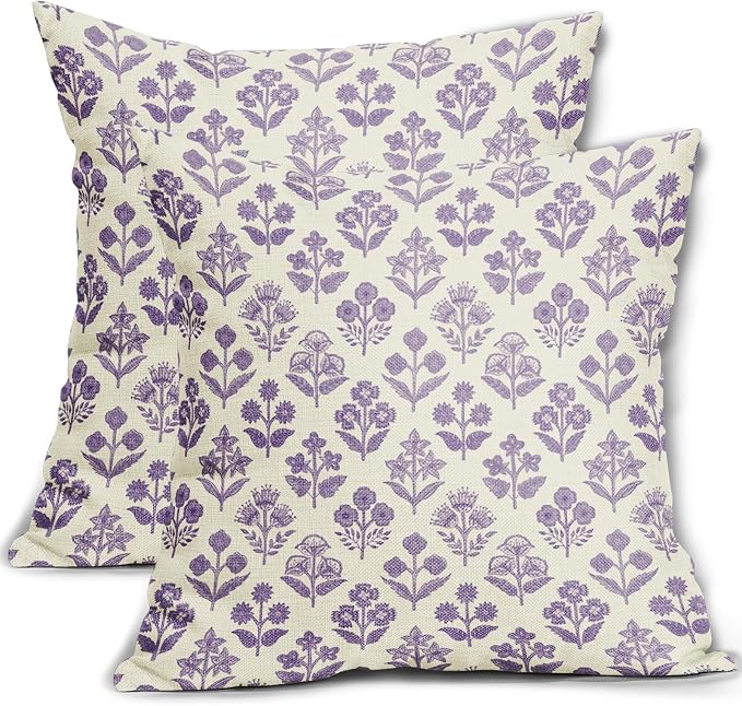 Purple Floral Block Print Pillow Covers 18x18 Inch Set of 2, Vintage Flower Pattern Decorative Throw Pillowcases Outdoor Farmhouse Cushion Covers Spring Summer Rustic Sofa Couch Bed Decor
