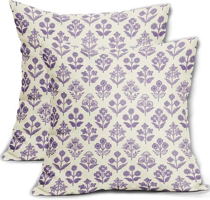 Purple Floral Block Print Pillow Covers 20x20 Inch Set of 2, Vintage Flower Pattern Decorative Throw Pillowcases Outdoor Farmhouse Cushion Covers Spring Summer Rustic Sofa Couch Bed Decor