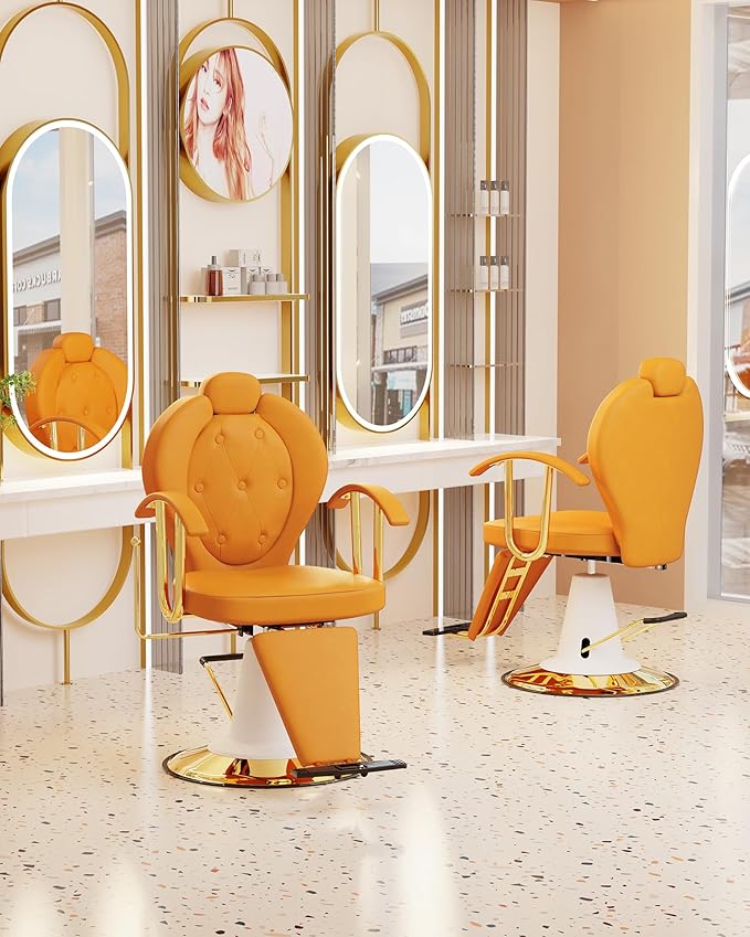Baasha Reclining Salon Chair for Hair Stylist, All-Purpose Hair Chair with Hydraulic Pump, 360° Swivel, Removable Headrest, Heavy-Duty Base, 440 lbs Capacity - Orange