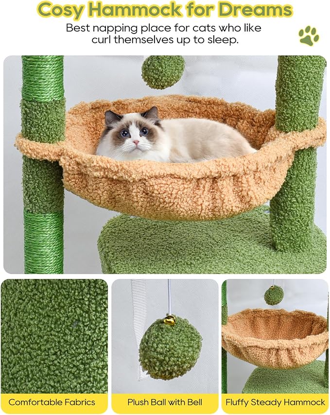 SYANDLVY Cactus Cat Tree for Indoor Cats, Green Activity Tower for Kittens | Modern Cat Furniture with Scratching Post, Basket & Hanging Ball for Play Rest