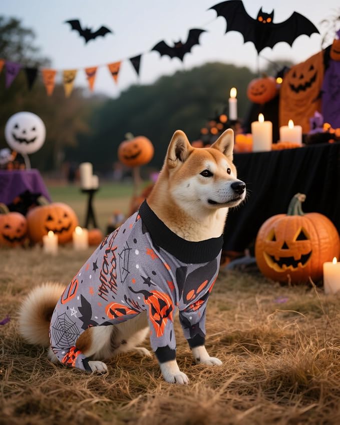 PET SHOW 4 Pack Halloween Fleece Dog Pajamas Warm for Medium Dogs | Soft stretchy dogs onesies,boy girl pjs with sleeve,holiday jumpsuit costume for small pets,L