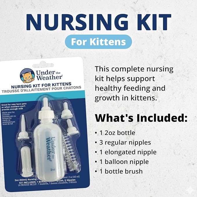 Under the Weather Kitten Milk Replacer Powder + Nursing Bottle Kit | Milk Replacement Formula with Colostrum, Feeding Bottle, 5 Nipple Sizes & Cleaning Brush | Complete Newborn Kitten Feeding Set