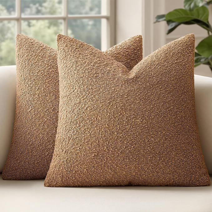 MIULEE 24x24 Decorative Euro Sham Boucle Couch Pillow Covers Tobacco | Set of 2 Textured Neutral Fall Autumn Throw Pillow Covers, Accent Solid Pillowcases, Sofa Living Room Home Decor