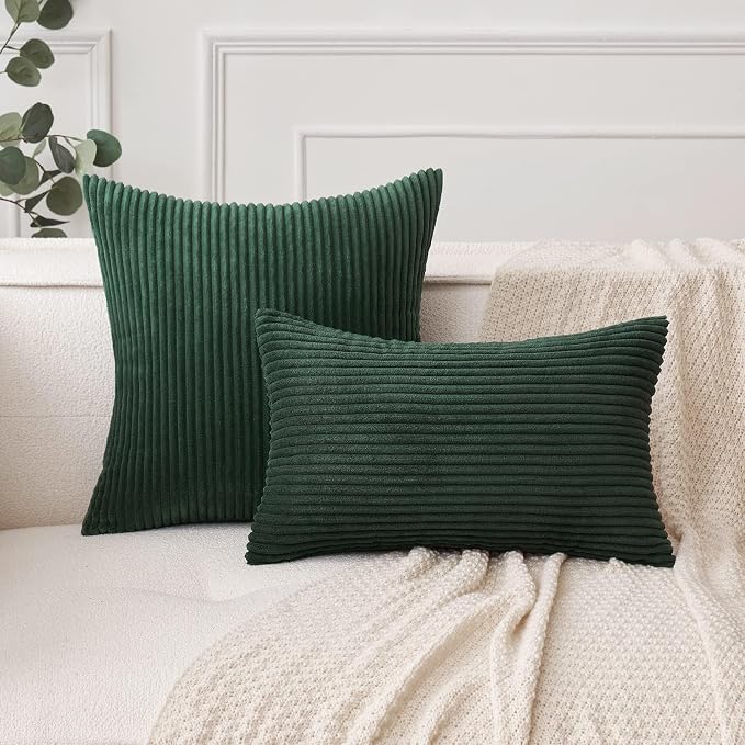 MIULEE Decorative Corduroy Throw Pillow Covers Set of 2 20x20 Army Green | Soft Striped Textured Cushion Cases, Boho Natural Greenery Pillowcases for Home Decor, for Couch Chair Sofa Bed Living Room