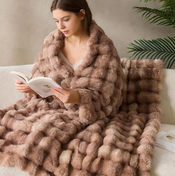 DOWNCOOL Large Faux Rabbit Fur Throw Blanket, Soft Fluffy Fuzzy Plush Bubble Blanket for Couch Sofa & Bed, Cozy Warm Luxury Fleece Minky Blanket, 90x90 Inches Tie-dye Brown