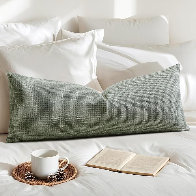 OTOSTAR Linen Throw Pillow Cover Set of 1 Decorative Long Lumbar Pillowcase Rectangle Cushion Cover 14x36 Inch for Home Decor Sofa Bedroom Car 35 x 90CM Olive Green
