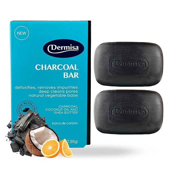 Dermisa Detoxifying Charcoal Bar Soap with Activated Charcoal, Coconut Oil and Shea Butter - Deep Pore Cleansing and Acne Treatment Soap for All Skin Types, 3.0 oz, Pack of 2