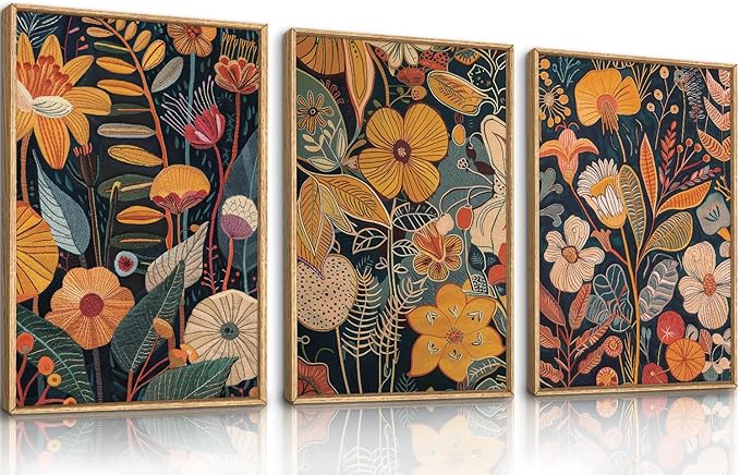 FWIEXA Burnt Orange Floral Framed Wall Art Set of 3, Large Mid Century Modern Flower Canvas Wall Prints, Boho Botanical Wall Decor, 24x36 Inches Neutral Plant Painting for Living Room, Bedroom, Office