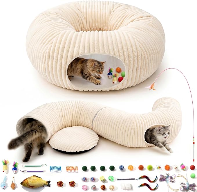 Cat Tunnel Bed with 40 Pcs Interactive Cat Toys, White | Cat Tube with Kitten Toys for Indoor Kittens, Collapsible Play Tunnel, Cat Gifts