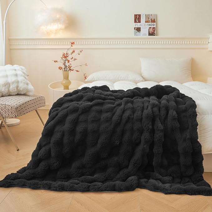 LIFEREVO Luxury Fluffy Faux Rabbit Fur Throw Blanket 60x80, Black | Plush Fuzzy Bubble Lap Throw for Couch Sofa Office, Soft Cozy Furry Bed Blanket Home Decoration, Washable & Skin-friendly