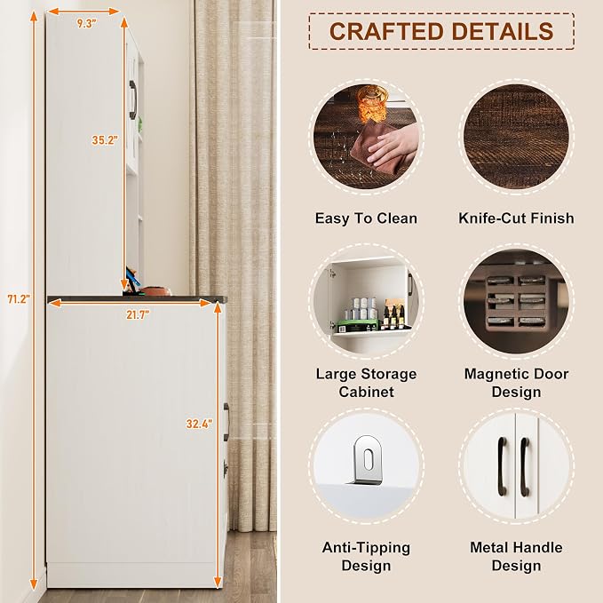 71Inches Tall Cat Litter Box Enclosure for Cats W/Power Outlets,Open Shelves.Wooden Pet Washroom Furniture W/Locks,Cabinet.Indoor Cats House,Hidden Cat Litter Box for Living Room,Bedroom(White-3)