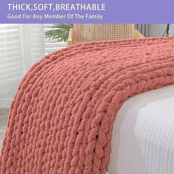 Bigacogo Chunky Knit Throw Blanket for Couch, 40x80 inches, Antique Red | Hand Knit with Jumbo Chenille, Soft Breathable Cable Knit for Sofa Bed Living Room, Machine Washable, Gift for Mom Friend