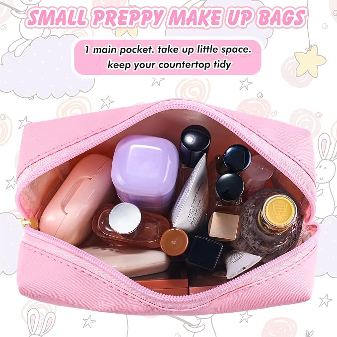 URSKYTOUS Initial Preppy Makeup Bag for Women Teen Girls Travel Small Cosmetic Bag Cute Pink Personalized Preppy Makeup Pouch Zippered Toiletry Bag Organizer PU Leather Aesthetic Makeup Bag（T）