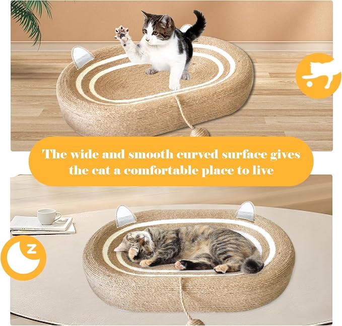Cat Scratcher Bed 3 in 1 Sisal Cat Scratching Board for Indoor Oval Cat Scratch Pad Durable Scratching Lounge Bed Round Bowl with Toy Balls for Cats Kitten Puppy (24"x15.7"x3.5")