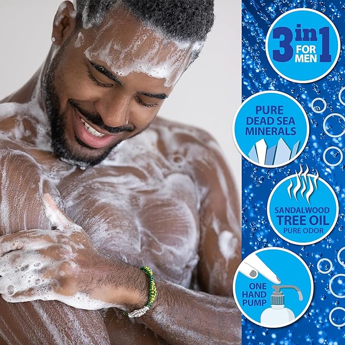 Dead Sea Collection Mens Body Wash 3 in 1 – Sandalwood Body Wash for Men – Shower Gel – Shampoo – Shower Soap for Face and Hair – Pack of 2 Bottles (33.8 Fl. Oz. Each)