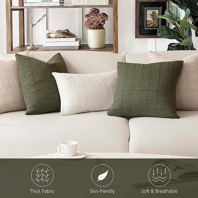 Foindtower Set of 2 Decorative Linen Check Throw Pillow Covers Neutral Farmhouse Vintage Cushion Covers Modern Boho Home Decor for Sofa Chair Couch Bedroom Living Room,20×20 Inch,Olive Green