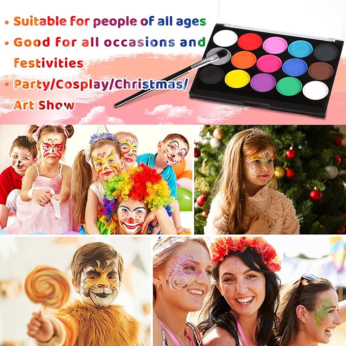 Janolia Face Painting Kit for Kids, 15 Colors Face Paint Palette, Water Activated Face Paint, Body Paint Makeup for Halloween Carnival Easter Theme Party, Ideal Facepaint Makeup Kit for Kids