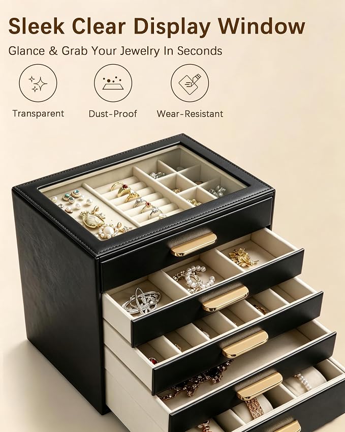 Homeanda Jewelry Boxes Organizer with Glass Lid, 5-Layer PU Leather, Black | Modern style display case with 5 drawers for daily jewelry, women, mom or girl gift