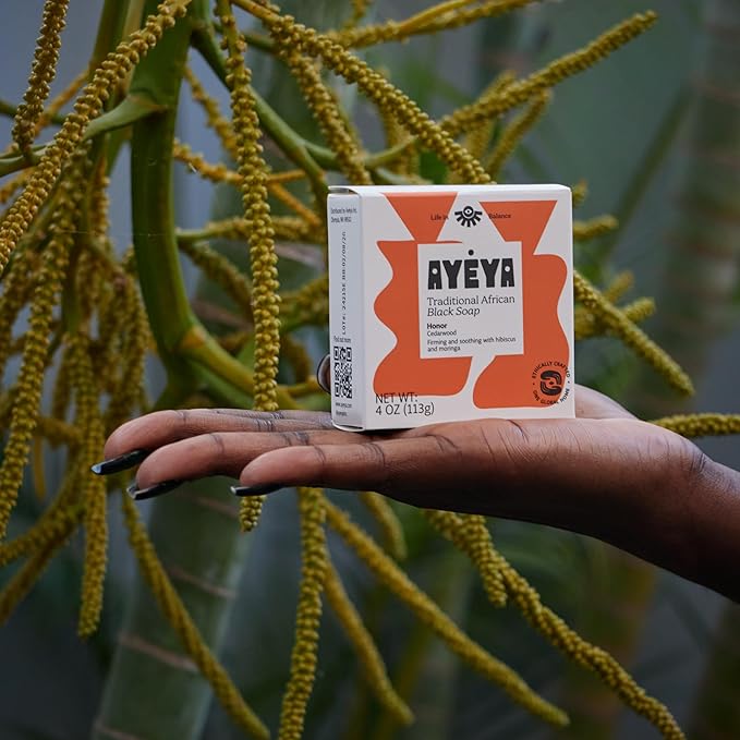 AYÉYA African Black Soap Bar, Cedarwood (Honor) – Exfoliating Bar Soap for Aging Skin, 4 Oz