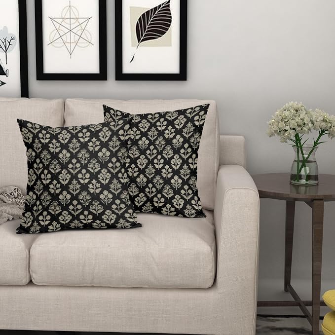 Black Floral Pillow Covers 24x24 Inch Set of 2, Vintage Flower Block Print Decorative Throw Pillowcases Outdoor Farmhouse Cushion Covers Spring Summer Rustic Decoration Sofa Couch Bed Decor