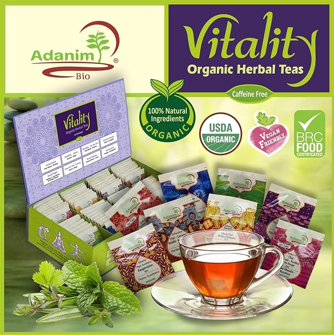 Adanim Bio Vitality Organic Herbal Tea Sampler Gift Box Caffeine Free 8 Unique Flavors for Tea Lovers 64 Individually Wrapped Tea Bags Variety Pack