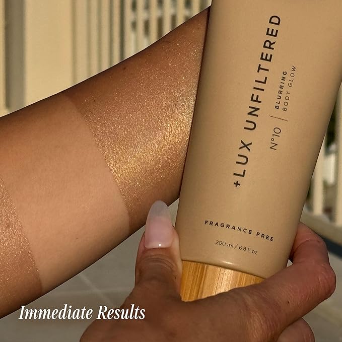 + Lux Unfiltered N°10 Blurring Body Glow Lotion - Instant Body Shimmer Lotion that Blurs Imperfections and Hydrates with Shea Butter, Squalane & Vitamin C - Vegan, Cruelty Free, Fragrance Free