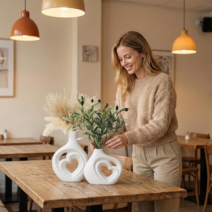 White Heart Shaped Hollow Ceramic Vase Set of 2 | Modern Nordic Boho Style, Table Centerpiece Decor, Matte Finish, H 8.5in