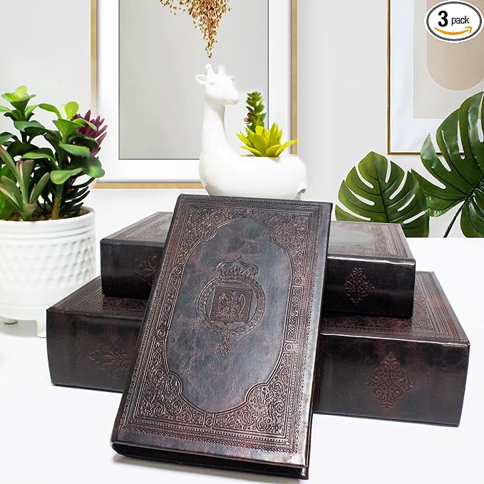 Decorative Book Box Set of 3,Vintage Style Book Shaped Storage Box | Leather Decorative Wooden Trinket Jewelry Books Boxes with Antique Embossed Pattern,Mother's Day/Graduation/Birthday Gift
