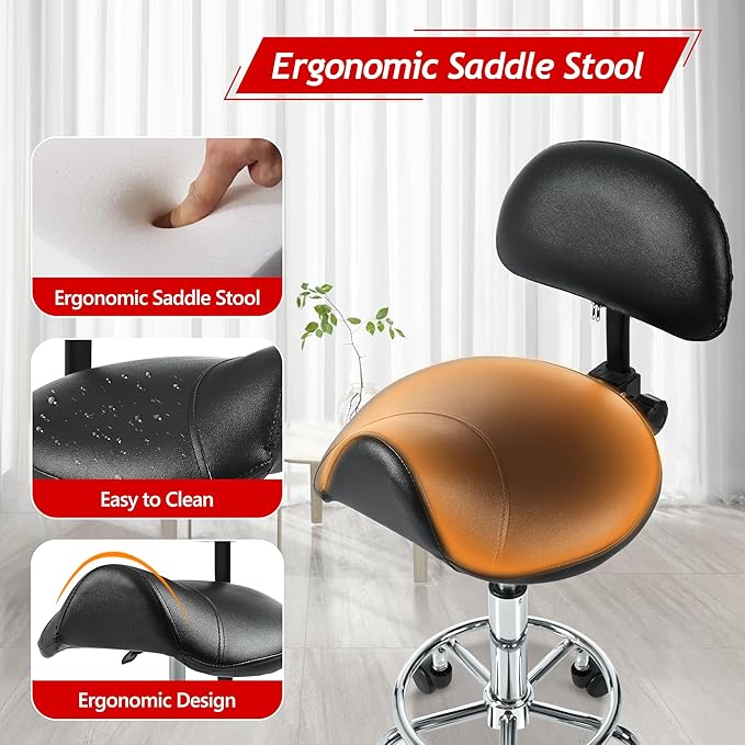 Saddle Stool with Back Support, Rolling Stools with Foot Rest, Ergonomic Backrest Adjustable Height & Angle Salon Stool with Wheels for Salon Spa Tattoo Massage
