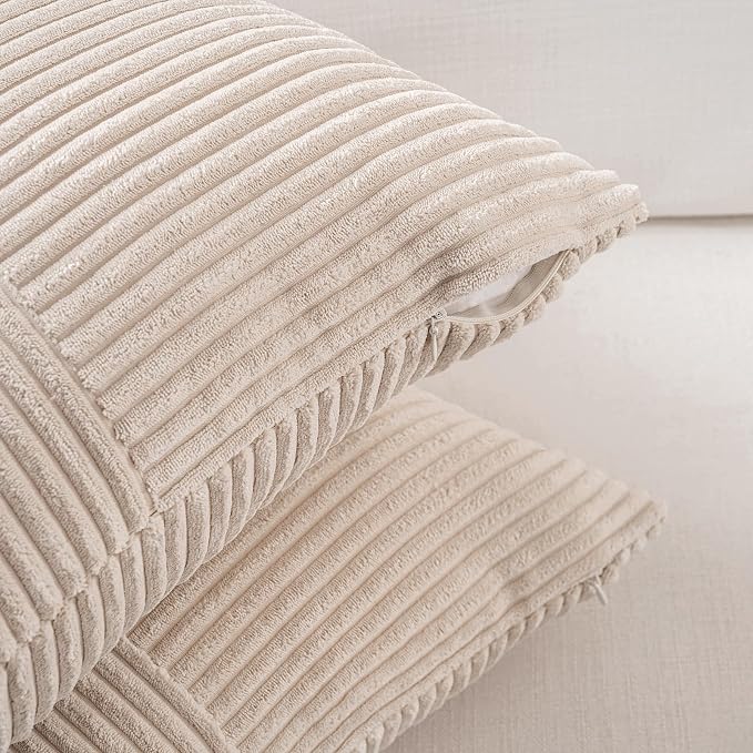 Fancy Homi Set of 1 Tan Long Lumbar Decorative Throw Pillow Covers 16x24 Inch for Couch Bed Sofa, Rustic Farmhouse Boho Home Decor, Soft Striped Corduroy Rectangle Accent Beige Cushion Case 40x60 cm