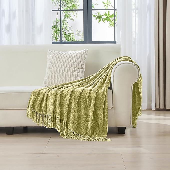 CozeCube Chenille Throw Blanket, Sage Green Fringe Blanket, 60"X80" | For Couch, Cozy Plush Fuzzy Decorative Blanket with Fringe Tassels, Lightweight Throws for Bed Sofa Gift Home Decor